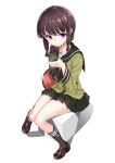  1girl absurdres brown_hair cup highres kantai_collection kikimi kitakami_(kantai_collection) kneehighs loafers looking_at_viewer pleated_skirt school_uniform serafuku shoes sidelocks simple_background sitting skirt solo tea tray violet_eyes white_background 