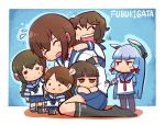  6+girls =_= bangs black_legwear blunt_bangs braid brown_hair check_commentary chibi closed_eyes commentary_request deformed fubuki_(kantai_collection) hair_ribbon hatsuyuki_(kantai_collection) isonami_(kantai_collection) jitome kantai_collection long_hair looking_at_another looking_at_viewer lying_on_lap messy_hair miyuki_(kantai_collection) multiple_girls murakumo_(kantai_collection) open_mouth pantyhose rariatto_(ganguri) ribbon sailor_dress school_uniform shirayuki_(kantai_collection) short_eyebrows short_hair short_ponytail sitting sitting_on_lap sitting_on_person tress_ribbon twin_braids 