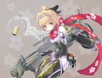  1girl android blonde_hair casing_ejection gun gunslinger_stratos hairband highres huge_weapon kunai orange_eyes robot_ears robot_girl robot_joints scarf shell_casing short_hair short_ponytail shuriken small_breasts smoke solo weapon xi-988 yeti_(mu_kaiten) 