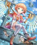  aqua_eyes candy clouds elbow_gloves feathers floating_island gears gloves hair_ornament high_heels highres licking_lips lollipop mecha mechanical_wings naka_(2133455) navel official_art orange_hair red_shoes science_fiction senjou_no_electro_girl shoes short_hair thigh-highs tongue tongue_out tower white_gloves white_legwear wings 