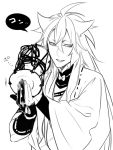  1boy fangs gloves japanese_clothes kogitsunemaru long_hair looking_at_viewer male_focus monochrome open_mouth partly_fingerless_gloves solo touken_ranbu white_background zuwai_kani 