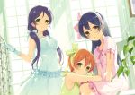  3girls 6u_(eternal_land) bare_arms bare_shoulders blue_hair bow brown_hair choker dress gloves green_dress green_eyes hair_bow hair_ribbon hoshizora_rin long_hair looking_at_viewer love_live!_school_idol_project low_twintails multiple_girls pink_dress plant puffy_short_sleeves puffy_sleeves purple_hair ribbon short_hair short_sleeves sitting sleeveless sleeveless_dress smile sonoda_umi toujou_nozomi twintails very_long_hair white_dress white_gloves window yellow_eyes 