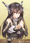  &gt;:) 1girl anti_(untea9) black_hair blush bowl chopsticks eating fingerless_gloves food food_on_face gloves highres kantai_collection long_hair nagato_(kantai_collection) simple_background solo twitter_username 