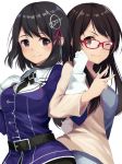  2girls alternate_costume back-to-back black_eyes black_hair breasts brown_eyes brown_hair casual chiiririn clenched_hand glasses gloves haguro_(kantai_collection) hair_ornament kantai_collection locked_arms looking_at_viewer looking_to_the_side military military_uniform multiple_girls one_eye_closed red-framed_glasses seiyuu short_hair simple_background small_breasts smile taneda_risa uniform upper_body v white_background white_gloves 