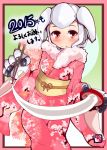  1girl 2015 bowl chopsticks cowboy_shot floral_print food gunslinger_stratos japanese_clothes kimono mochi new_year obi red_eyes robot_ears robot_girl sash shi_ecchi short_hair silver_hair small_breasts solo wagashi wide_sleeves xi-988 