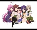  5girls black_legwear blonde_hair blue_eyes brown_eyes brown_hair cardigan dog ebisuzawa_kurumi folded_hair gakkou_gurashi! green_eyes hand_on_another&#039;s_shoulder hat hug knee_pads long_hair low_ponytail multiple_girls naoki_miki one_eye_closed open_mouth pink_eyes pink_hair pink_legwear pleated_skirt ponytail purple_hair sakura_megumi shio_(szsn) short_hair sitting skirt smile socks takeya_yuki taroumaru_(gakkou_gurashi) thigh-highs violet_eyes wakasa_yuuri 