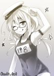  1girl ;q anti_(untea9) armlet armpits collarbone covered_navel dojikko_pose hat i-8_(kantai_collection) kantai_collection monochrome old_school_swimsuit one_eye_closed school_swimsuit solo star swimsuit tongue tongue_out twitter_username 