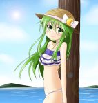  1girl bikini blue_sky crescent dress frilled_bikini frills green_dress green_eyes hat ichimi kantai_collection looking_at_viewer nagatsuki_(kantai_collection) ocean sky smile solo straw_hat swimsuit 