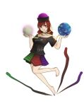  1girl :d barefoot brown_hair chain collar frilled_skirt frills hat hecatia_lapislazuli multicolored_skirt nyula_xiaola open_mouth red_eyes redhead short_hair skirt smile sphere t-shirt touhou 