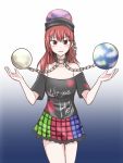  1girl bare_shoulders blue_background chain collar hat hecatia_lapislazuli kuroba_rapid long_hair multicolored_skirt red_eyes redhead simple_background skirt solo sphere t-shirt touhou 