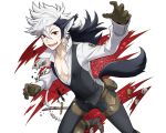  1boy animal_ears black_hair boots fire_emblem fire_emblem_if flannel_(fire_emblem_if) gloves long_hair low_ponytail mikami multicolored_hair open_mouth red_eyes scar simple_background solo tail two-tone_hair white_background white_hair wolf_ears wolf_tail 