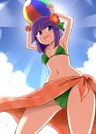  1girl armpits arms_up ball beachball bikini blue_sky clouds flower green_bikini hair_flower hair_ornament hieda_no_akyuu kousei_(public_planet) navel open_mouth purple_hair sarong sky smile solo swimsuit touhou violet_eyes 