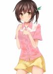  1girl alternate_hairstyle black_hair blush bra brown_eyes hair_ribbon highres ichijou_hotaru innertube long_hair looking_at_viewer nikitan_(niki) non_non_biyori ribbon see-through short_sleeves shorts smile solo underwear water wet white_background 