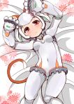  1girl :&lt; animal_ears bed_sheet cat_ears cat_tail cowboy_shot extra_ears gunslinger_stratos kemonomimi_mode lying navel no_nipples on_back paw_pose red_eyes robot_ears robot_girl robot_joints shi_ecchi short_hair silver_hair small_breasts solo tail xi-988 