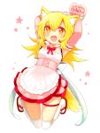  1girl akane_(naomi) animal_ears blonde_hair fox_ears fox_tail heart heart-shaped_pupils long_hair naomi_(sekai_no_hate_no_kissaten) original red_eyes solo symbol-shaped_pupils tail thigh-highs 