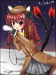  1girl animal_ears blush braid breath cat_ears cat_tail hat kaenbyou_rin mittens pantyhose red_eyes redhead snowing solo spisanji tail touhou trench_coat twin_braids winter winter_clothes 