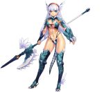  1girl armor bikini_armor blue_eyes breasts dragon_tail earrings hair_ornament head_wings jewelry large_breasts long_hair original simple_background solo tail thigh-highs uchiu_kazuma weapon white_background white_hair 