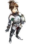  1girl akizuki_ritsuko antenna_hair armored_boots boots breastplate brown_eyes brown_hair gauntlets glasses headwear_removed helmet helmet_removed highres idolmaster idolmaster_million_live! idolmaster_million_live!_theater_days knight looking_at_viewer pirata_(gailtonatiu) plate_armor shoulder_armor smile spurs white_background 