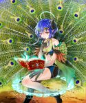  1girl armlet bare_shoulders blue_hair book bra earrings finger_to_mouth high_heels horns jewelry kuroi midriff monster_girl navel official_art peacock_feathers pink_eyes pointy_ears senjou_no_electro_girl sheep_horns short_hair solo underwear 