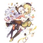  2girls artist_request beret blonde_hair boots brown_legwear bubble bubble_skirt cake candy checkerboard_cookie checkered cheese cookie corset cup dessert detached_sleeves drill_hair fingerless_gloves flower food fruit gloves hair_ornament hairpin hat hug instrument long_hair looking_at_viewer macaron magical_girl mahou_shoujo_madoka_magica mahou_shoujo_madoka_magica_movie momoe_nagisa multicolored_eyes multiple_girls mutual_hug official_art pantyhose pastry petting pleated_skirt polka_dot polka_dot_legwear pom_pom_(clothes) pudding puffy_sleeves ribbon ringed_eyes skirt slice_of_cake smile strawberry strawberry_shortcake striped striped_legwear swiss_cheese tea teacup thigh-highs tomoe_mami transparent_background trumpet twin_drills twintails two_side_up vertical-striped_legwear vertical_stripes whipped_cream white_hair yellow_eyes yellow_ribbon 