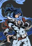  1boy blue_eyes blue_hair indesign long_hair ponytail scarf solo strider_(video_game) strider_hien weapon 