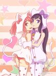  2girls akemi_homura ass bell black_hair bow caffeccino commentary_request heart highres hoodie hug jingle_bell kaname_madoka long_hair looking_at_viewer looking_back mahou_shoujo_madoka_magica multiple_girls open_mouth pajamas panties pantyshot paw_print pink_eyes pink_hair pink_panties short_twintails signature star striped striped_background tagme tail thigh-highs twintails underwear violet_eyes watermark yuri 