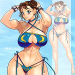  1girl abs adapted_costume barefoot bikini blue_bikini blush bracelet breasts brown_hair choker chun-li cleavage criss-cross_halter double_bun eyeliner full_body hair_ribbon halter_top halterneck highres huge_breasts jewelry johnrokk makeup musical_note ribbon ribbon_choker short_hair side-tie_bikini slender_waist solo spiked_bracelet spikes street_fighter swimsuit zoom_layer 