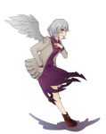  1girl ;d brown_shoes dress hand_on_own_chest jacket kishin_sagume nyula_xiaola one_eye_closed open_mouth red_eyes shoes short_hair silver_hair single_wing smile touhou wings 