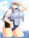  1girl akasode_(tyaramu) blue_eyes blue_hair blush breasts casual_one-piece_swimsuit highres huge_breasts kamishirasawa_keine long_hair multicolored_hair no_hat ocean one-piece_swimsuit one_eye_closed see-through silver_hair solo swimsuit t-shirt touhou two-tone_hair wet wet_clothes 
