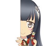  1girl black_hair c: grey_eyes hair_ornament kantai_collection long_hair looking_at_viewer mizuho_(kantai_collection) nagineko peeking_out simple_background smile solo transparent_background vector_trace 