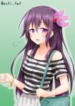  1girl alternate_costume anti_(untea9) bag bare_shoulders bracelet casual collarbone contemporary crescent green_background hair_ornament handbag highres jewelry kantai_collection kisaragi_(kantai_collection) long_hair looking_at_viewer off-shoulder_shirt open_mouth purple_hair shirt simple_background solo striped striped_shirt twitter_username violet_eyes 