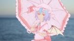  1girl 3d ascot bat_wings blue_hair blurry depth_of_field hat horizon looking_at_viewer mob_cap ocean perry red_eyes remilia_scarlet short_hair smile solo touhou wings wrist_cuffs 