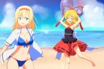  2girls alice_margatroid arms_up ball beach beachball bikini blonde_hair blue_bikini blue_eyes bow breasts cato_(monocatienus) cleavage closed_eyes collarbone hairband medicine_melancholy multiple_girls navel open_clothes open_mouth open_shirt shirt skirt swimsuit touhou water 