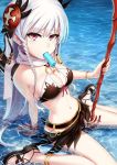  1girl anklet between_legs bikini braid breasts cleavage highres jewelry jpeg_artifacts long_hair looking_at_viewer mouth_hold navel popsicle puzzle_&amp;_dragons red_eyes sandals scarf sitting solo swimsuit twin_braids valkyrie_(p&amp;d) wada_masanori wariza water weapon wet white_hair 