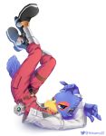  1boy bird bird_tail blue_eyes boots falco_lombardi falcon furry jacket jojo_pose male_focus minamo25 shadow solo star_fox twitter_username 