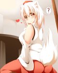  1girl ? animal_ears ass bare_shoulders blush breasts detached_sleeves error hajime_(ak-r) hat heart inubashiri_momiji large_breasts red_eyes revision short_hair sitting skirt smile solo spoken_question_mark tail tareme tokin_hat touhou wariza white_hair wolf_ears wolf_tail 