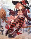  2girls ^_^ broom broom_riding brown_hair closed_eyes flying hat highres madogawa multiple_girls official_art solo_focus striped striped_legwear thigh-highs waving witch witch_hat 