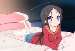  1girl black_hair casual charlotte_(anime) futon highres long_hair lying matuken1027 on_stomach otosaka_ayumi violet_eyes 
