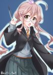  1girl ahoge anti_(untea9) double_bun glasses harry_potter highres hogwarts_uniform kantai_collection long_hair looking_at_viewer makigumo_(kantai_collection) open_mouth pink_hair simple_background solo twitter_username wand 