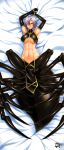  1girl arachne armpits arms_up breasts carapace claws dakimakura detached_sleeves extra_eyes full_body hair_over_one_eye highres insect_girl jadenkaiba lavender_hair lying monster_girl monster_musume_no_iru_nichijou multiple_legs navel on_back on_bed pelvic_curtain rachnera_arachnera red_eyes revision solo spider_girl under_boob 