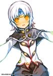  1girl 2010 another_code_(elsword) capelet character_name elsword eve_(elsword) forehead_jewel outstretched_arms ress shirt short_hair smile solo spread_arms white_background white_hair yellow_eyes 