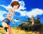  4girls :d arched_back ass bare_shoulders blonde_hair brown_eyes brown_hair clouds cutoffs drinking goggles hair_ornament hairclip helmet holster long_hair military military_vehicle multiple_girls open_mouth original pink_hair ponytail sailor_collar shirt short_hair short_shorts shorts sitting smile solo_focus strapless tank thigh_holster tied_shirt tubetop twintails uratari vehicle 
