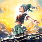  1girl bow closed_eyes clouds green_hair hair_bow highres kantai_collection lips long_hair midriff outstretched_arms pantyhose pleated_skirt ponytail realistic school_uniform serafuku skirt solo sunset water wind yuho_(u_yuho) yuubari_(kantai_collection) 