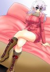  1girl akasode_(tyaramu) bakusou_kyoudai_let&#039;s_&amp;_go!! blue_eyes boots bottomless breasts couch crossed_legs curvy grey_hair highres janet_sturlson long_hair looking_at_viewer on_couch ribbed_sweater smile solo sweater 