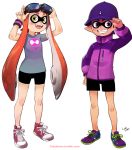  1boy 1girl bike_shorts blush_stickers colo_(nagrolaz) domino_mask fangs flat_chest flight_goggles full_body goggles goggles_on_head grin hat inkling long_hair mask orange_hair purple_hair shoes short_hair smile sneakers splatoon t-shirt track_jacket wristband yellow_eyes 