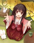  1girl bow brown_eyes collarbone cup efe floral_print houraisan_kaguya incipient_hug long_hair long_skirt long_sleeves looking_at_viewer open_mouth outstretched_arms rabbit shirt sitting skirt smile solo table tatami teacup touhou very_long_hair wariza wide_sleeves 