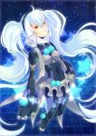  1girl absurdres full_body gunslinger_stratos hair_between_eyes hairband half-closed_eyes high_collar highres long_hair miniskirt neon_trim no_feet robot_joints see-through skirt small_breasts solo star starry_background toppema_mapetto twintails white_hair xi-988 