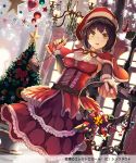  1girl bare_shoulders bell belt bow capelet chain chandelier christmas christmas_tree copyright_name detached_sleeves dress gift hat heart looking_at_viewer official_art original ornament outstretched_hand red_dress santa_hat senjou_no_electro_girl snowflakes snowman solo sparkle star takanori_yamada toy yellow_eyes 