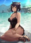  1girl animal_ears ass bare_arms bare_legs bent_knees black_dress black_hair breasts cat_ears choker cleavage dark_skin dress final_fantasy final_fantasy_xiv houtengeki looking_at_viewer miqo&#039;te no_bra sandals short_dress short_hair short_twintails sitting smile solo thighs twintails water yellow_eyes 