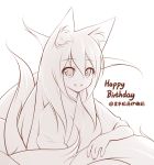  1girl animal_ears blush fox_ears fox_tail happy_birthday lethe-shion long_hair looking_at_viewer monochrome multiple_tails simple_background smile solo tail white_background 